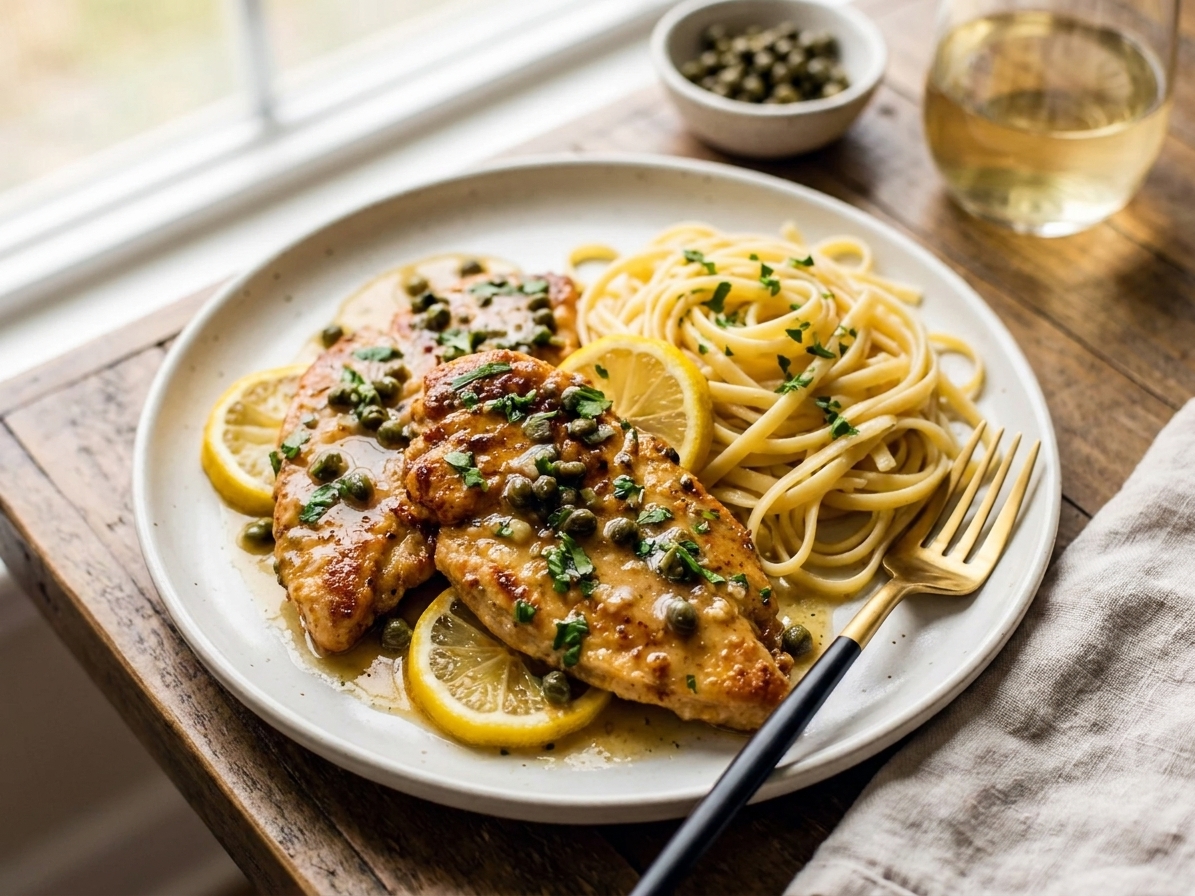 A plated serving of chicken piccata with lemon slices and capers, served alongside pasta on a simple white plate at a wooden table with soft natural light