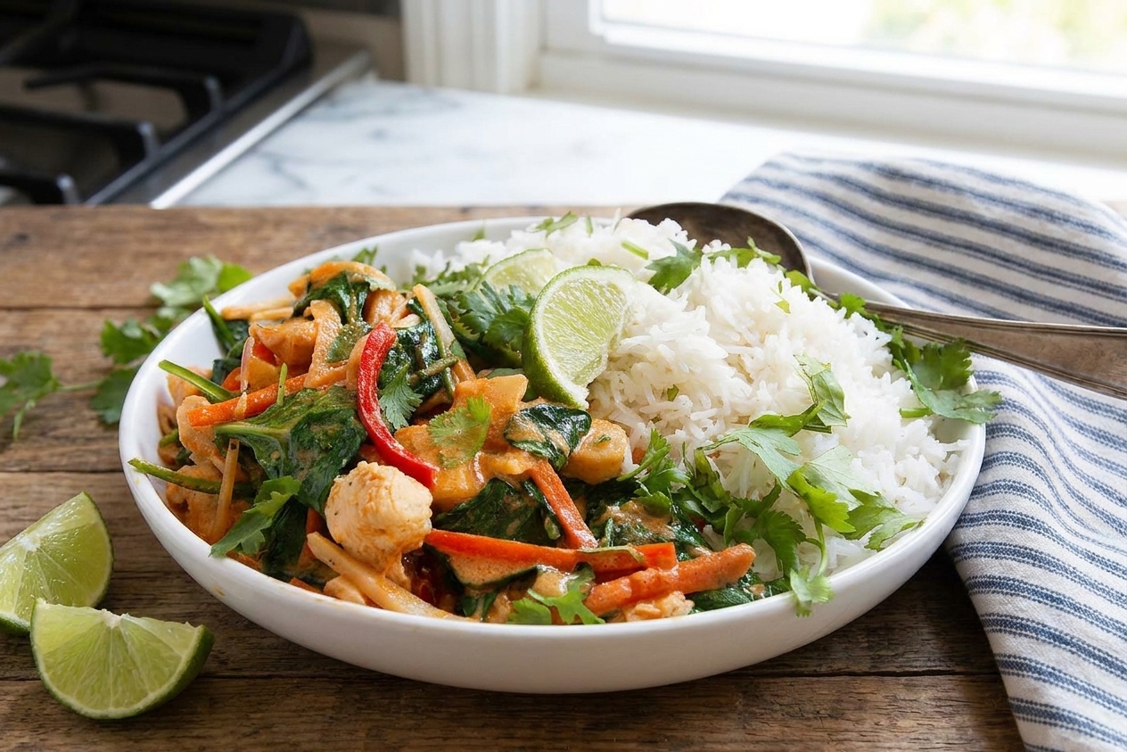 A plated serving of chicken red curry spooned over jasmine rice in a shallow bowl on a wooden table, with lime wedges on the side