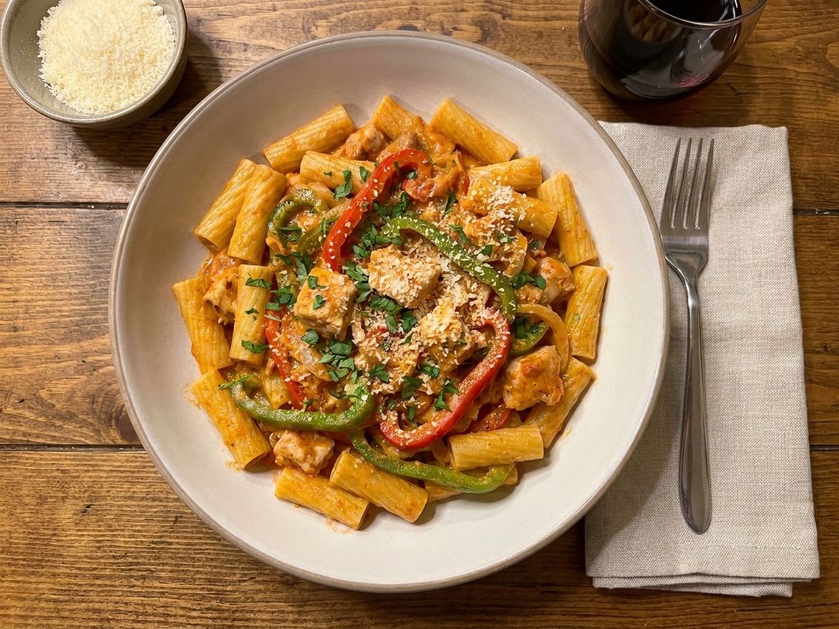 A plated serving of chicken riggies in a shallow bowl topped with grated Parmesan and herbs on a cozy dinner table
