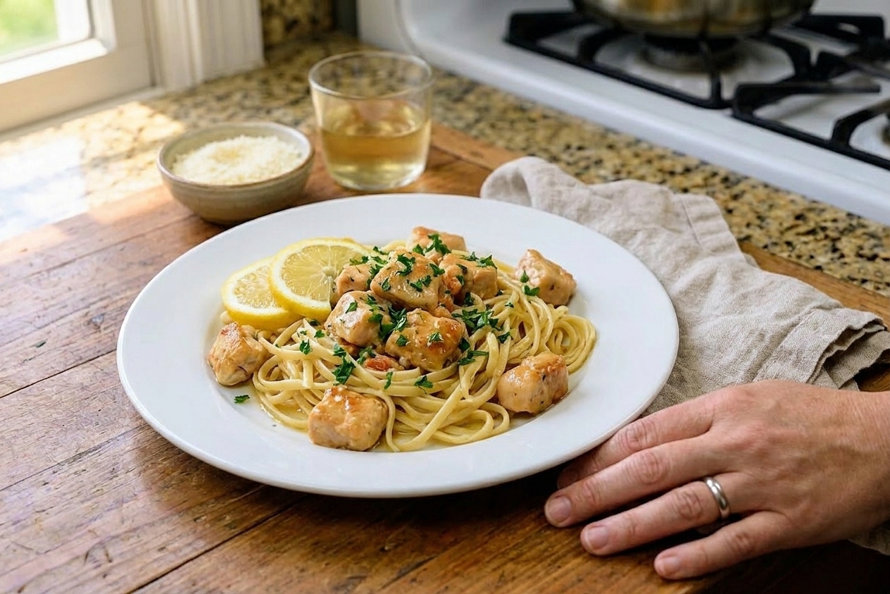 A plated serving of chicken scampi over linguine with chopped parsley on top, set on a wooden table with a simple linen napkin