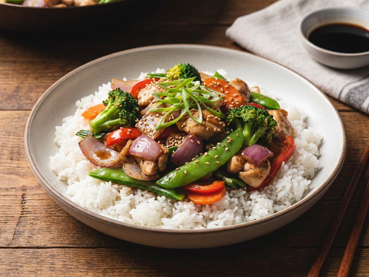 A plated serving of chicken stir fry spooned over white rice in a shallow bowl with scallions and sesame seeds on a simple dinner table