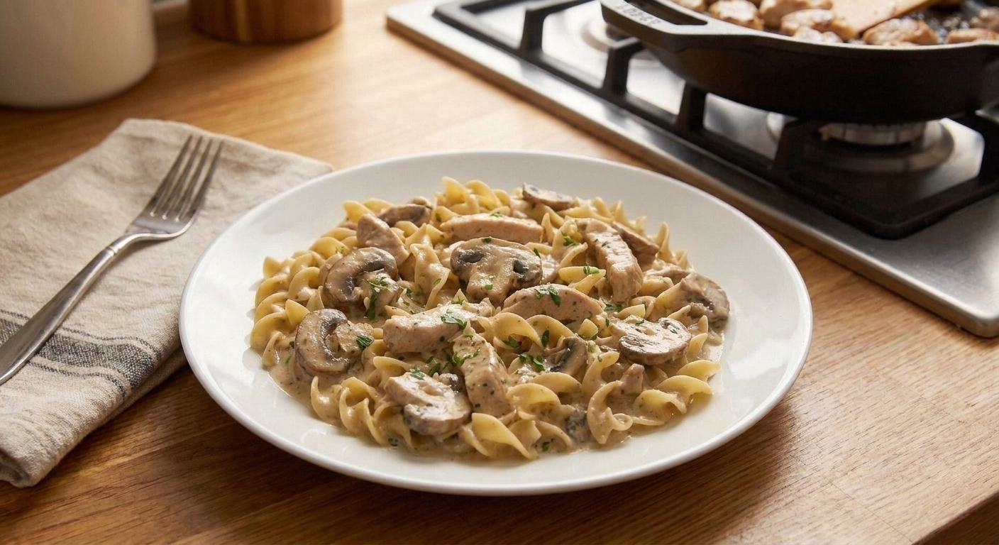A plated serving of chicken stroganoff over egg noodles, topped with chopped parsley