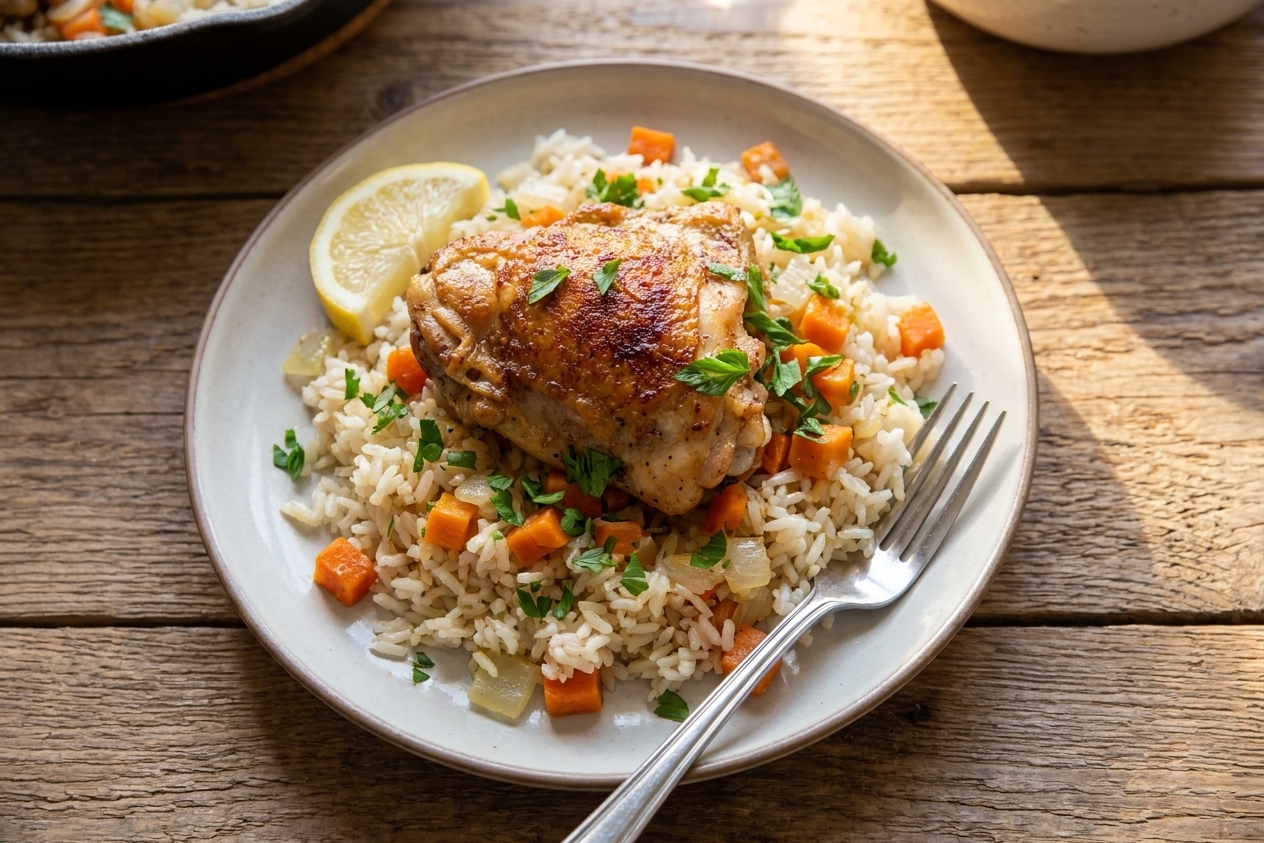 A plated serving of chicken thigh over fluffy rice with chopped parsley and a lemon wedge on a simple dinner plate at a wooden table, warm natural light