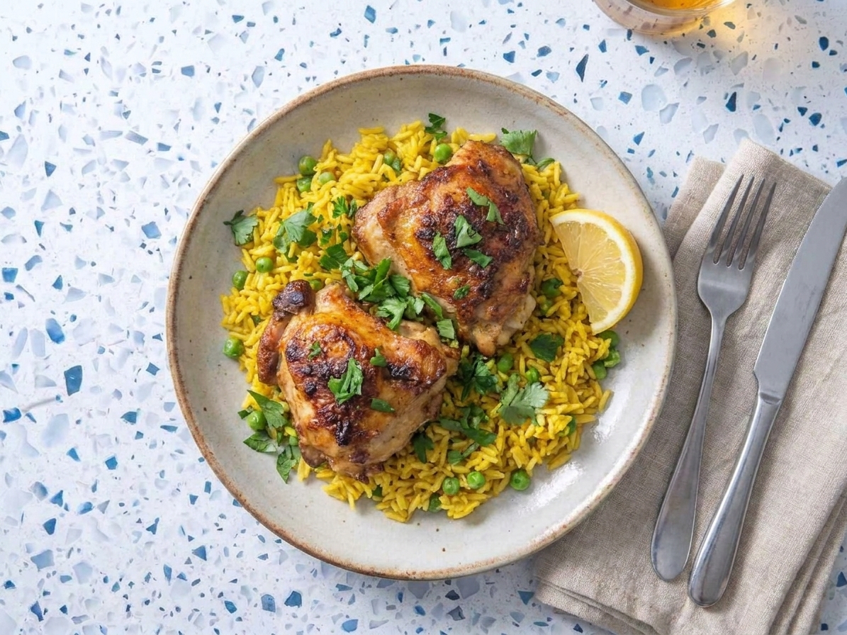 A plated serving of chicken thighs over yellow rice with peas, garnished with herbs and served with a lemon wedge on a simple dinner table