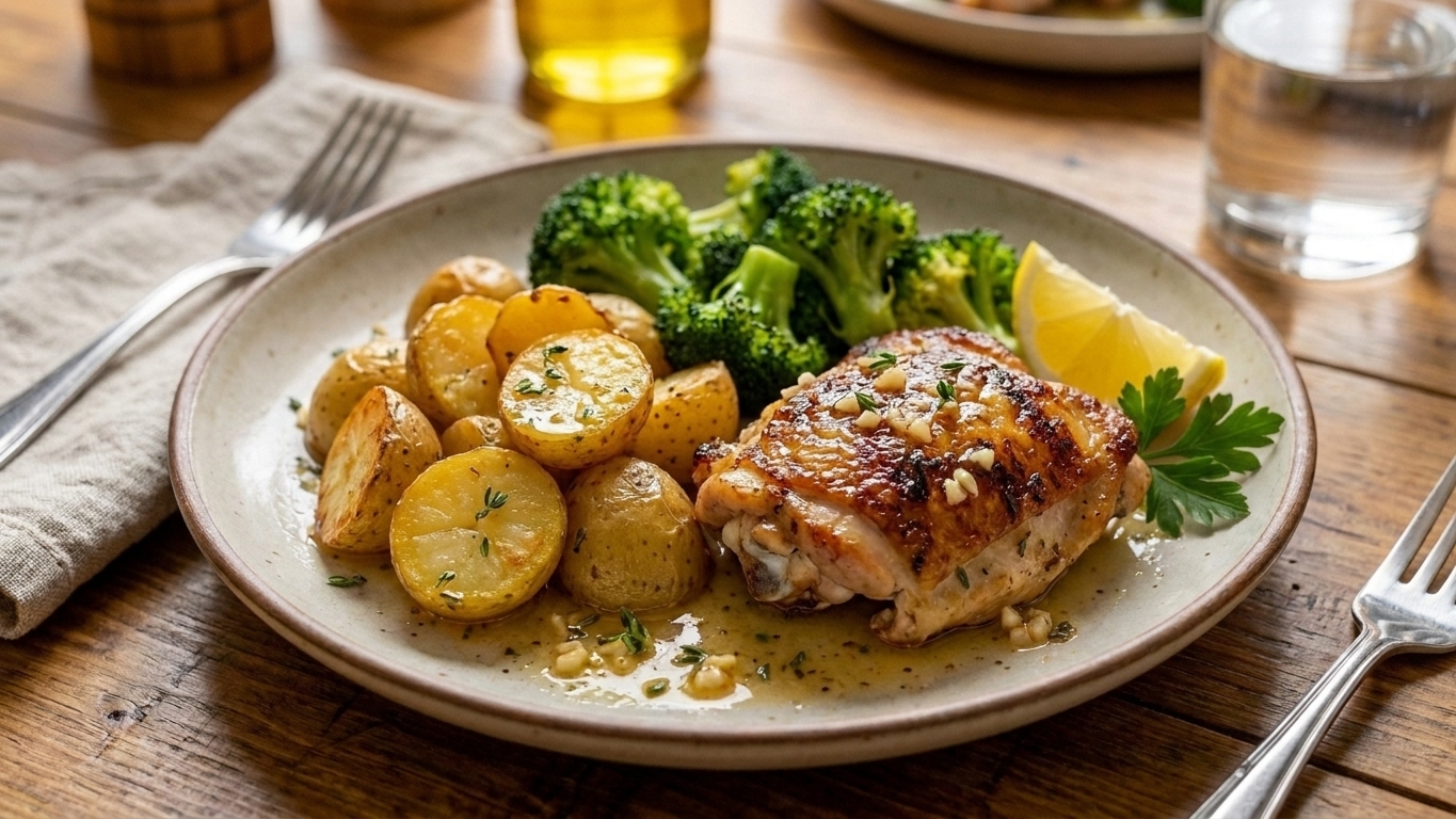 A plated serving-of-chicken thighs with crispy potatoes and broccoli, drizzled with lemon garlic sauce on a simple ceramic plate at a dinner table