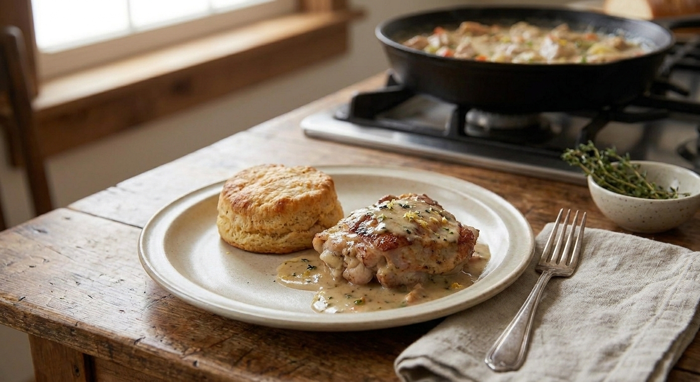 A plated serving of chicken with creamy lemon herb sauce and a golden biscuit on a simple dinner plate with a fork and napkin