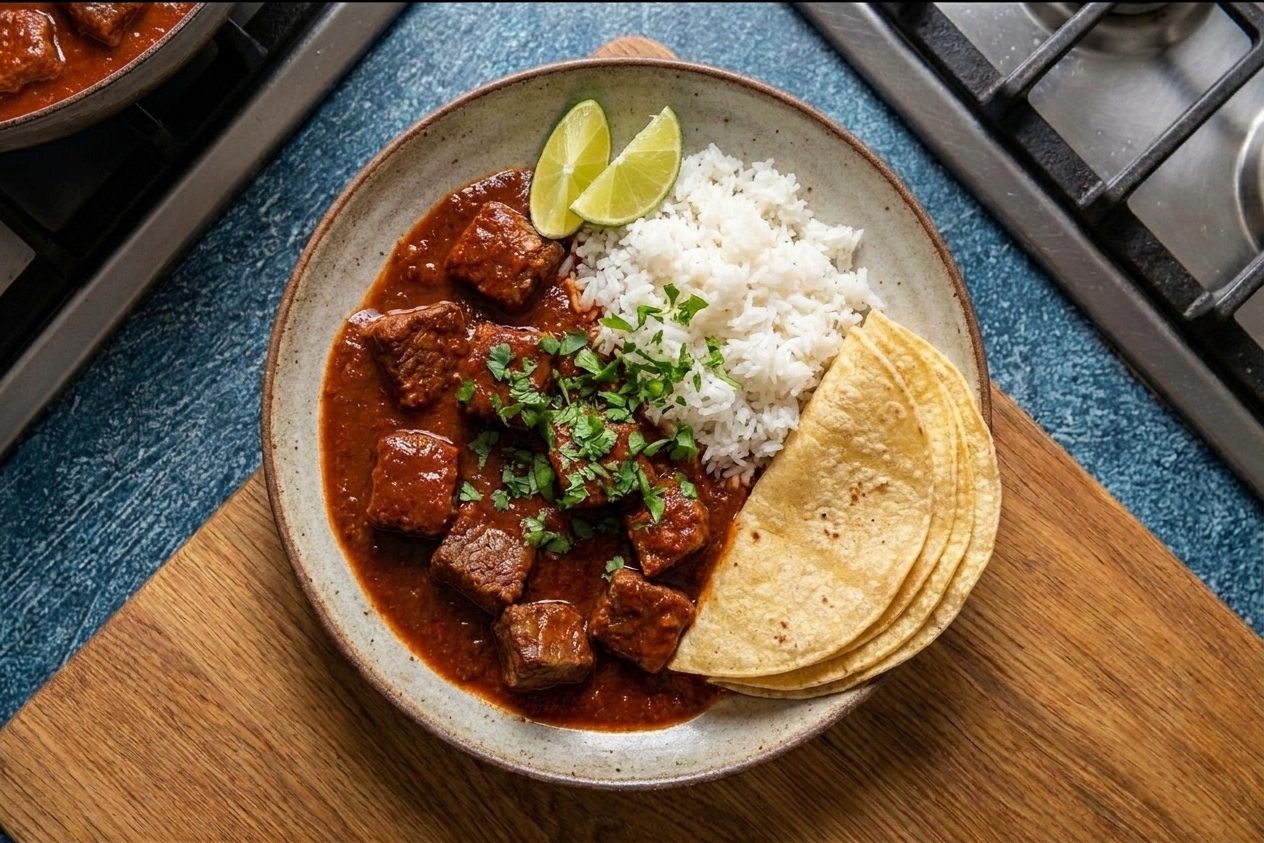 A plated serving of chile colorado with rice and warm tortillas on the side, garnished with cilantro and lime wedges on a wooden table