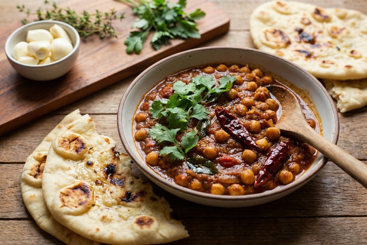 A plated serving of chole chickpea curry with fresh cilantro alongside warm naan on a rustic table setting
