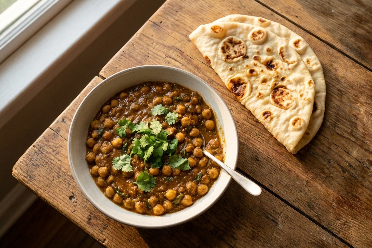 A plated serving of chole in a shallow bowl with cilantro garnish, served with naan on a wooden table in warm natural light