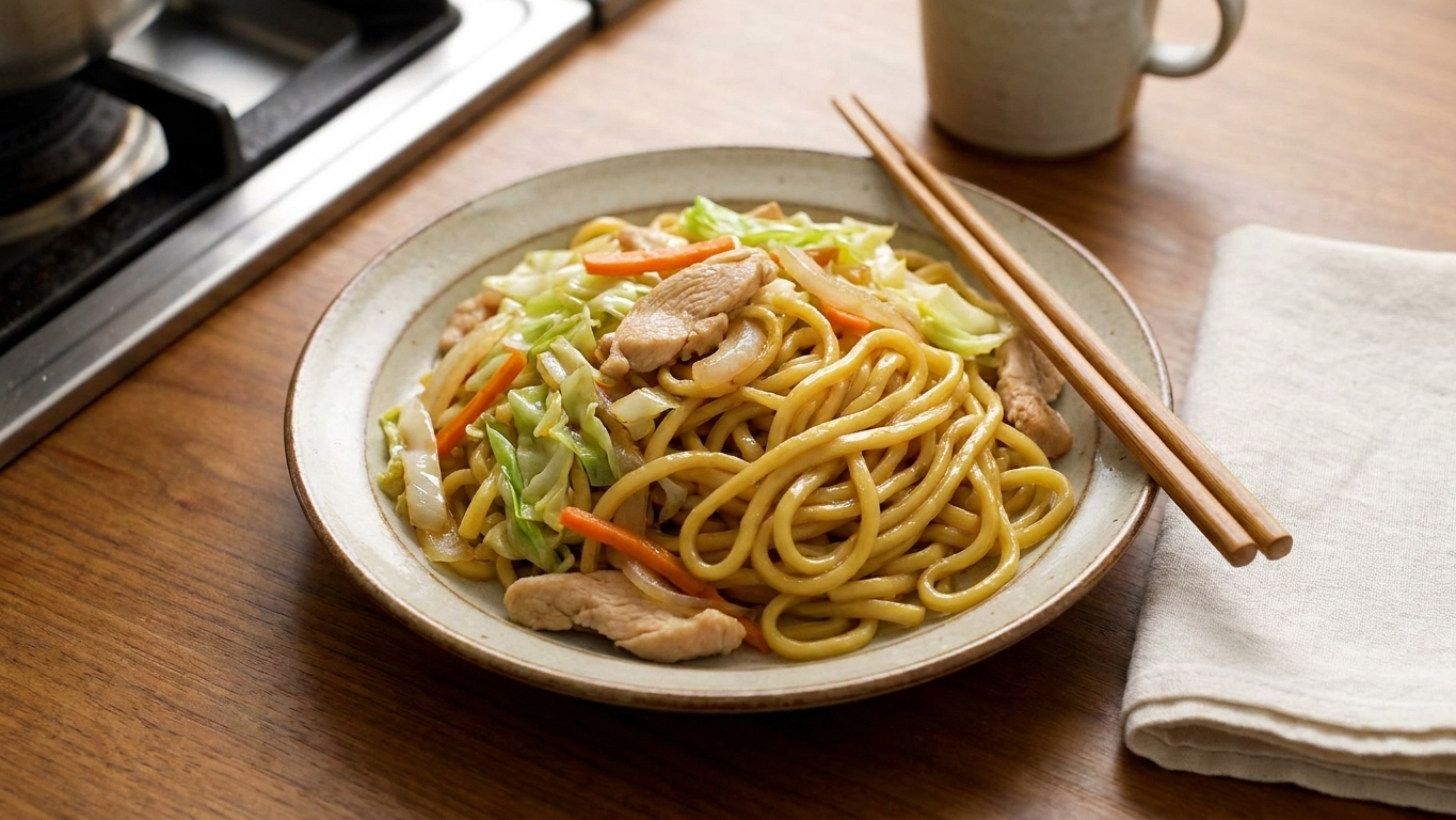 A plated serving of chow mein with glossy noodles and shredded cabbage on a dinner table with chopsticks and a simple napkin