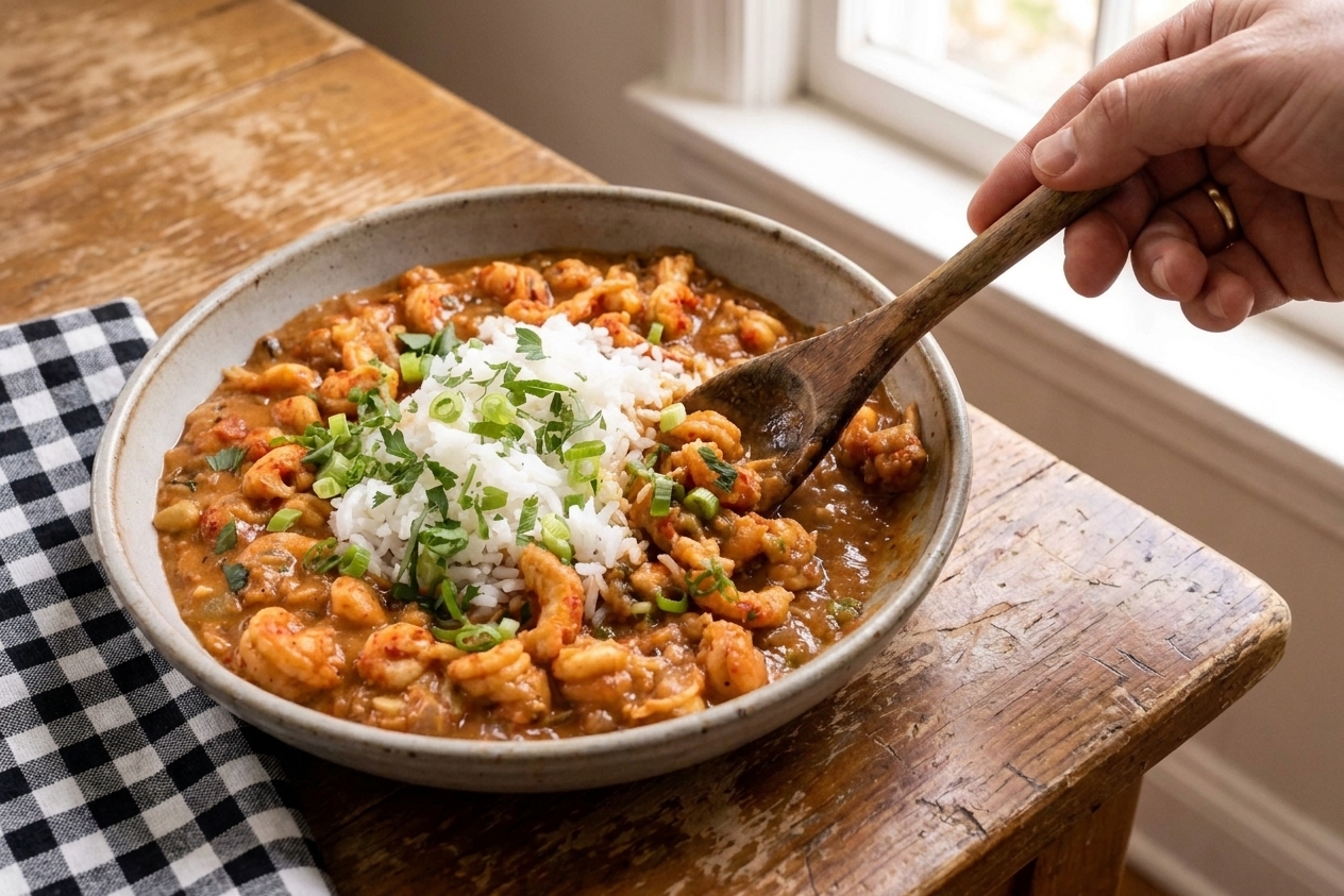 A plated serving of crawfish etouffee over white rice with chopped parsley and green onions, set on a simple dinner table with a spoon