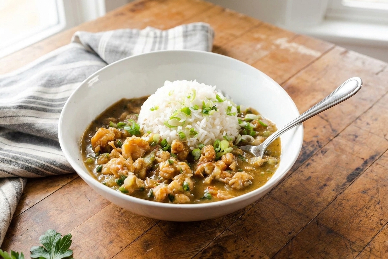 A plated serving of crawfish étouffée over rice with a spoon and folded napkin on a simple dinner table setting