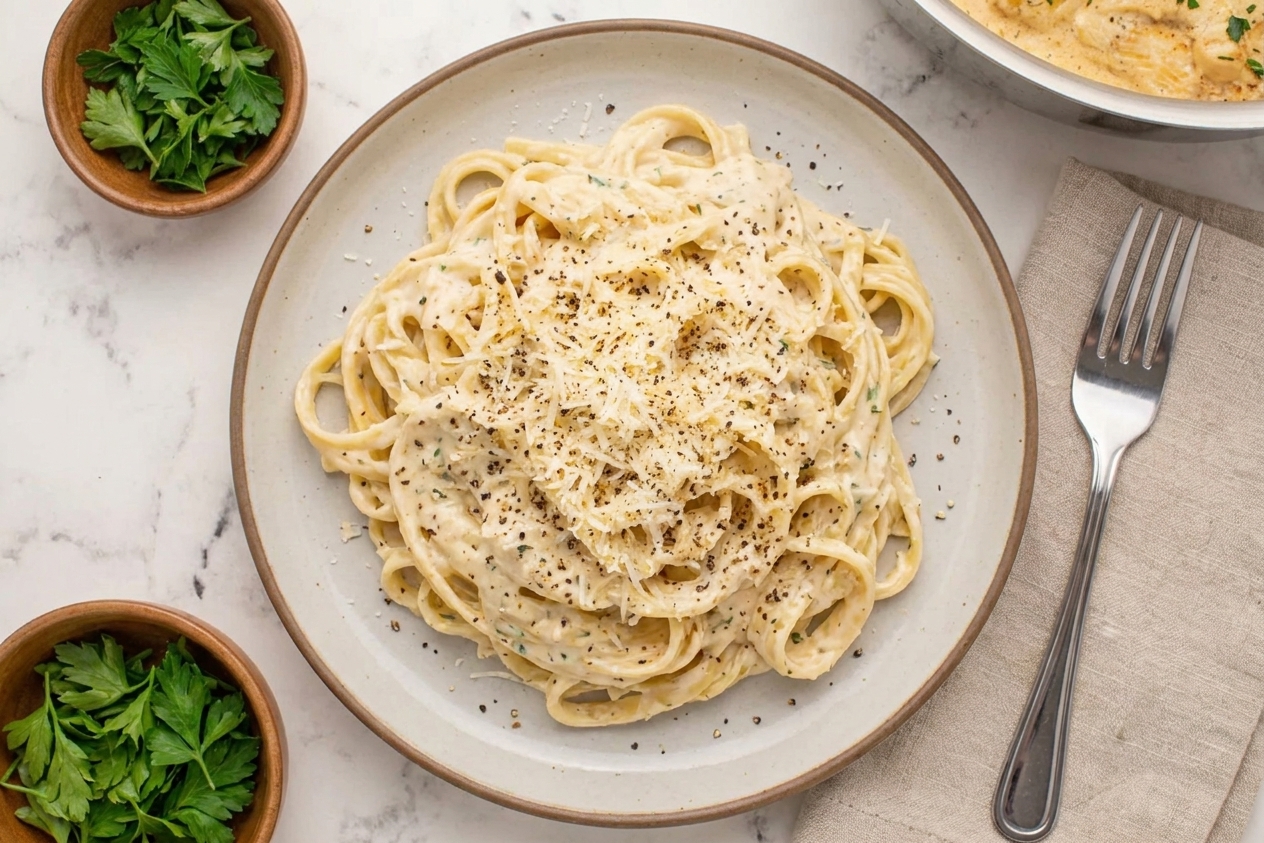 A plated serving of creamy Boursin pasta topped with grated Parmesan and cracked black pepper on a simple dinner table setting