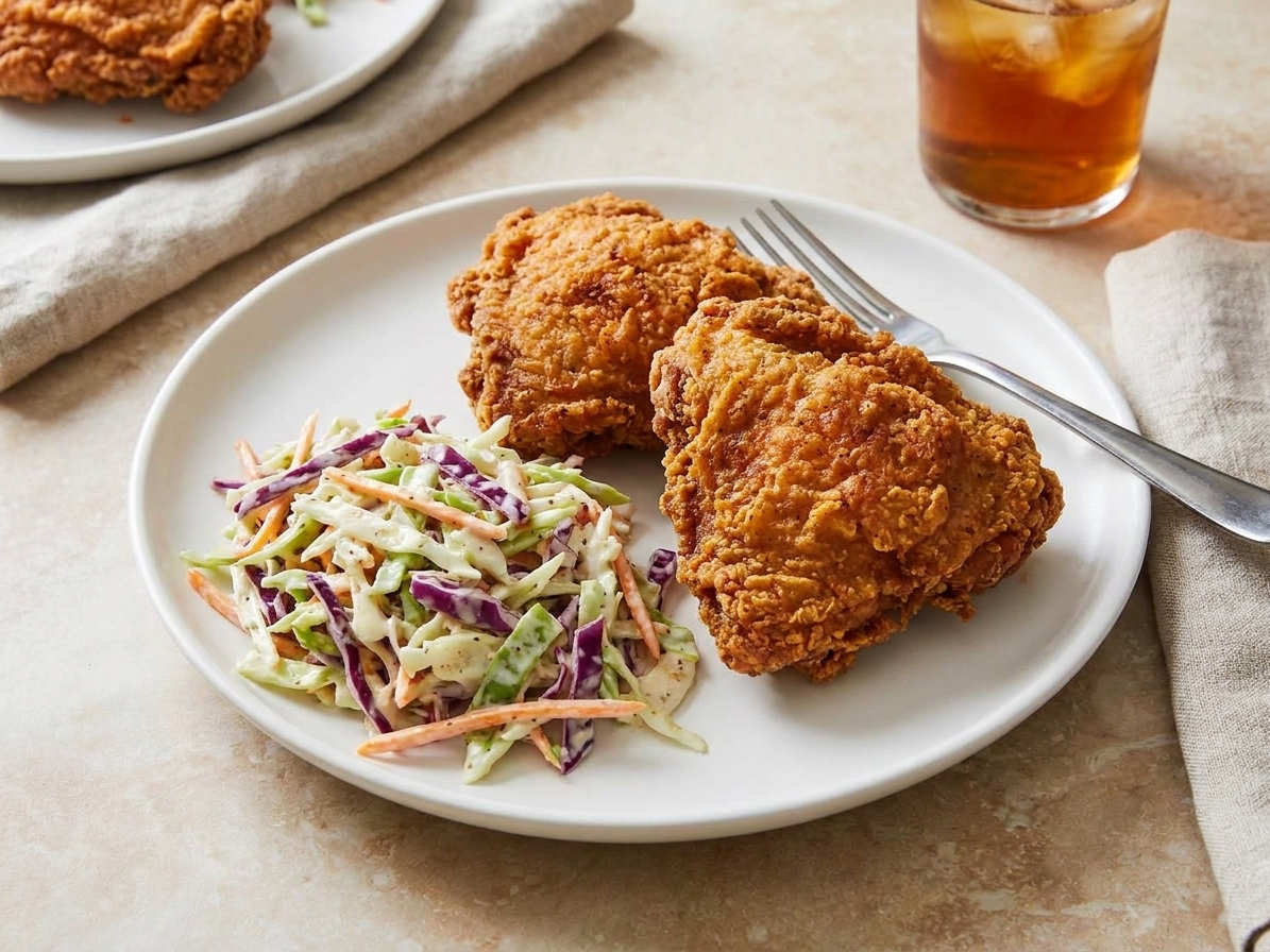 A plated serving of creamy Kentucky fried chicken style coleslaw next to fried chicken on a simple dinner table setting