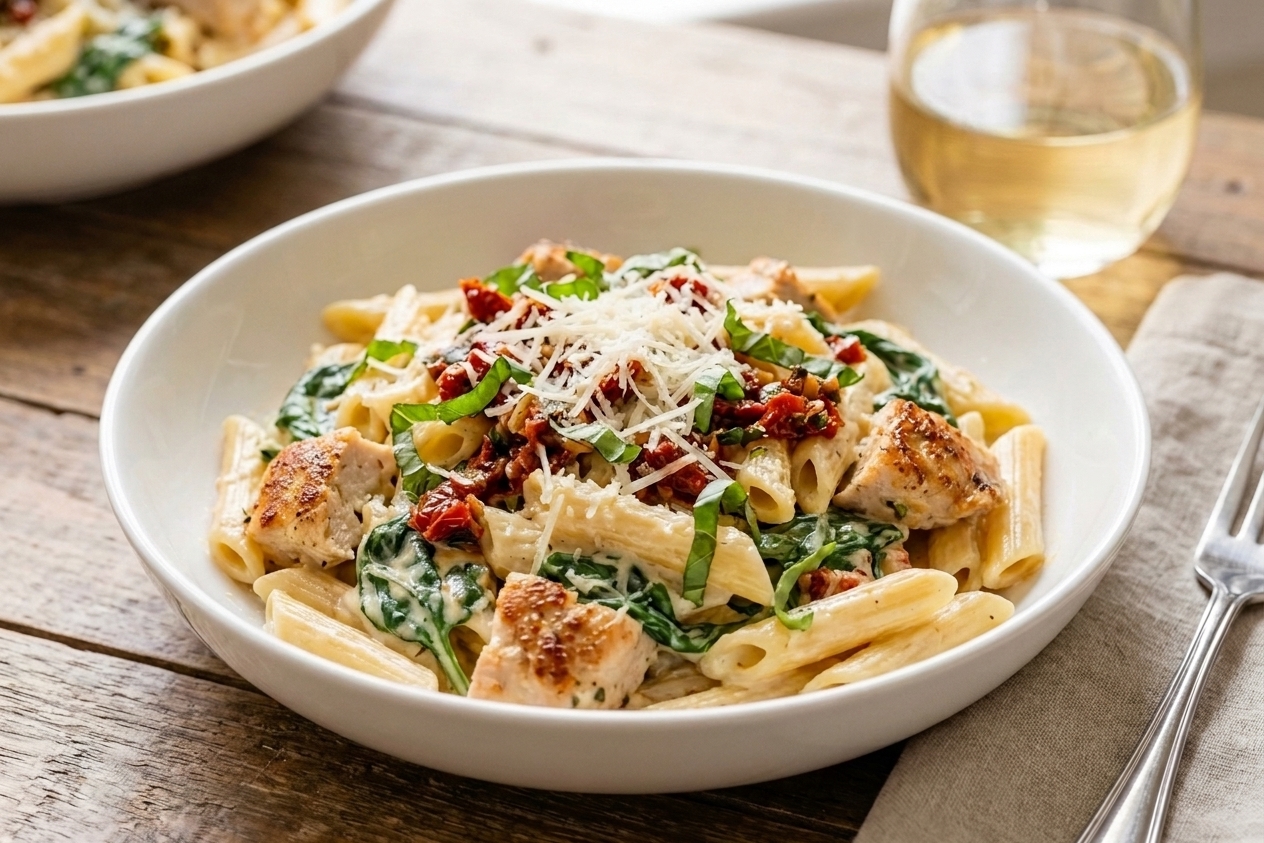A plated serving of creamy Tuscan chicken pasta with spinach and sun-dried tomatoes in a shallow bowl, topped with grated Parmesan and chopped basil on a rustic table