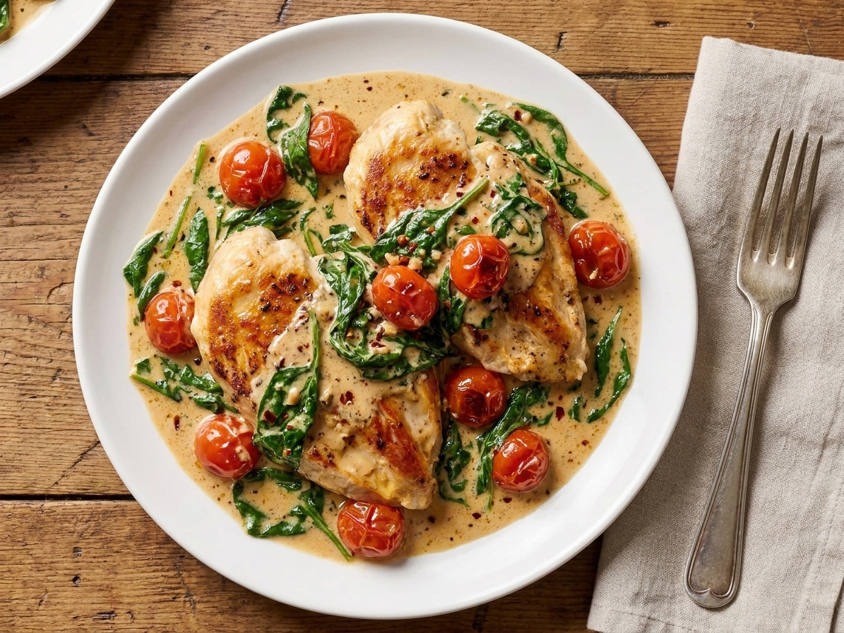 A plated serving of creamy Tuscan chicken with spinach and tomatoes on a white plate with a simple fork-and-napkin table setting