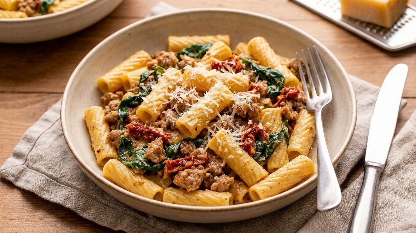 A plated serving of creamy Tuscan sausage pasta in a shallow bowl with grated Parmesan and cracked black pepper on top, set at a dinner table with simple flatware