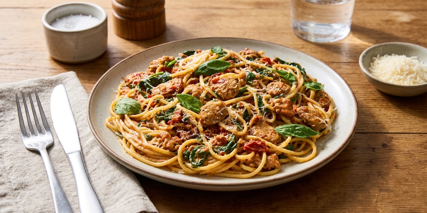 A plated serving of creamy Tuscan sausage pasta topped with grated Parmesan on a dinner table with simple place settings