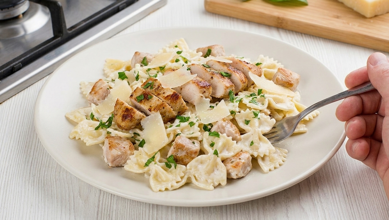 A plated serving of creamy bow tie pasta with sliced chicken, Parmesan shavings, and parsley on a neutral dinner plate under warm kitchen lighting