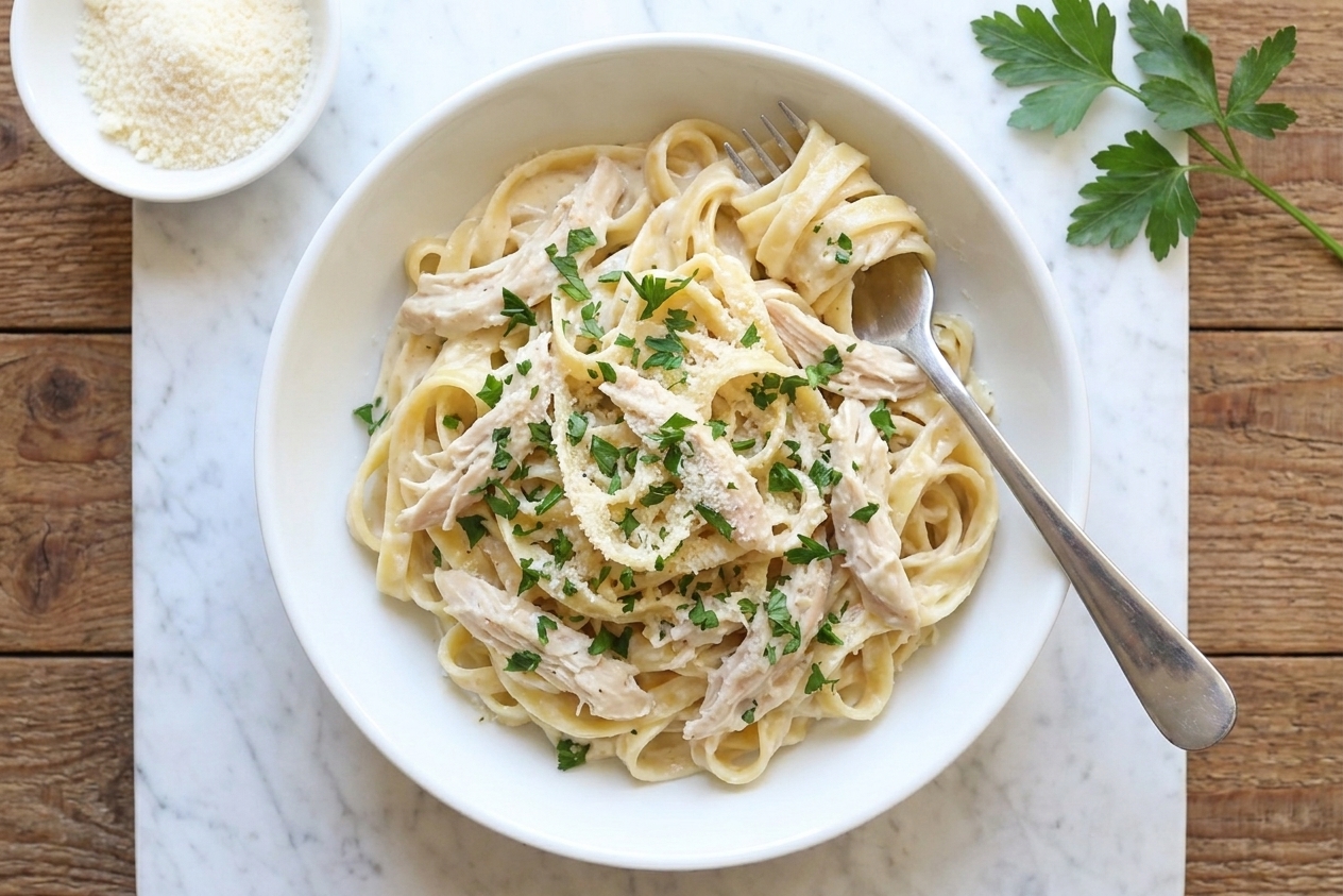 A plated serving of creamy chicken Alfredo pasta with parsley and extra Parmesan