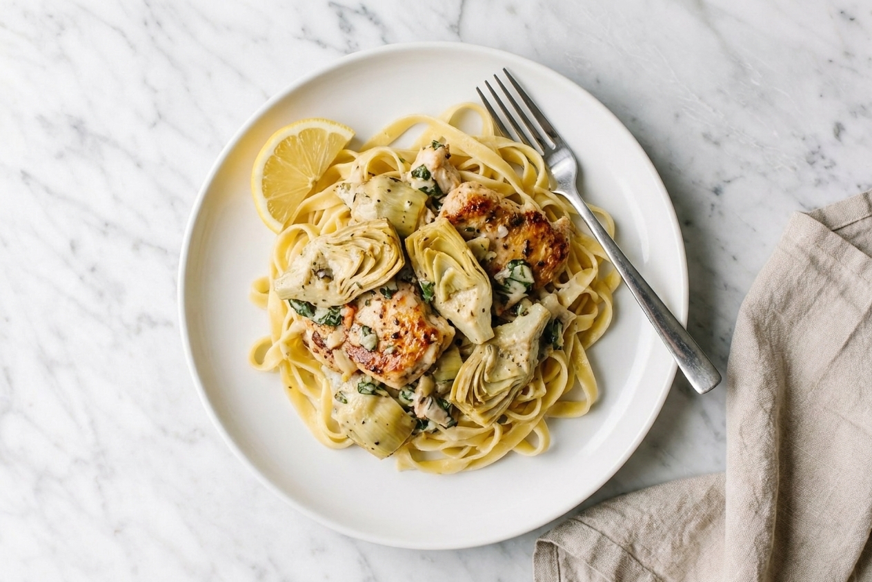 A plated serving of creamy chicken and artichokes over pasta on a white plate with a fork and a lemon wedge on a simple dinner table setting