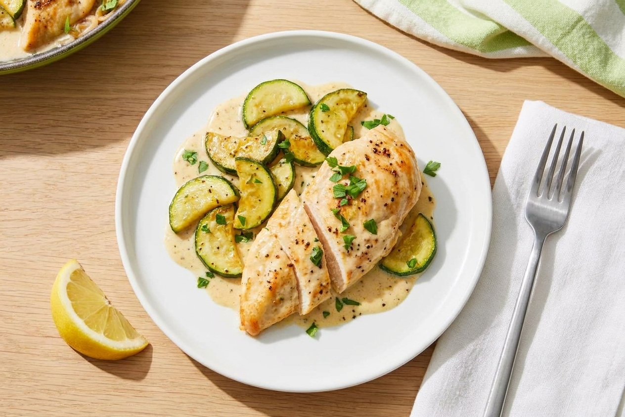 A plated serving of creamy chicken and zucchini with parsley on top, set on a simple dinner table with a fork and a lemon wedge nearby
