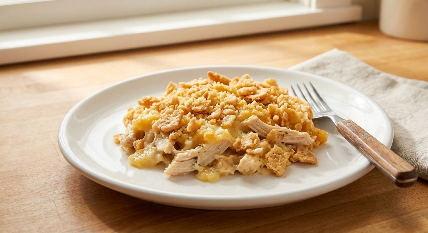 A plated serving of creamy chicken casserole with a crisp buttery cracker topping on a simple white plate with a fork