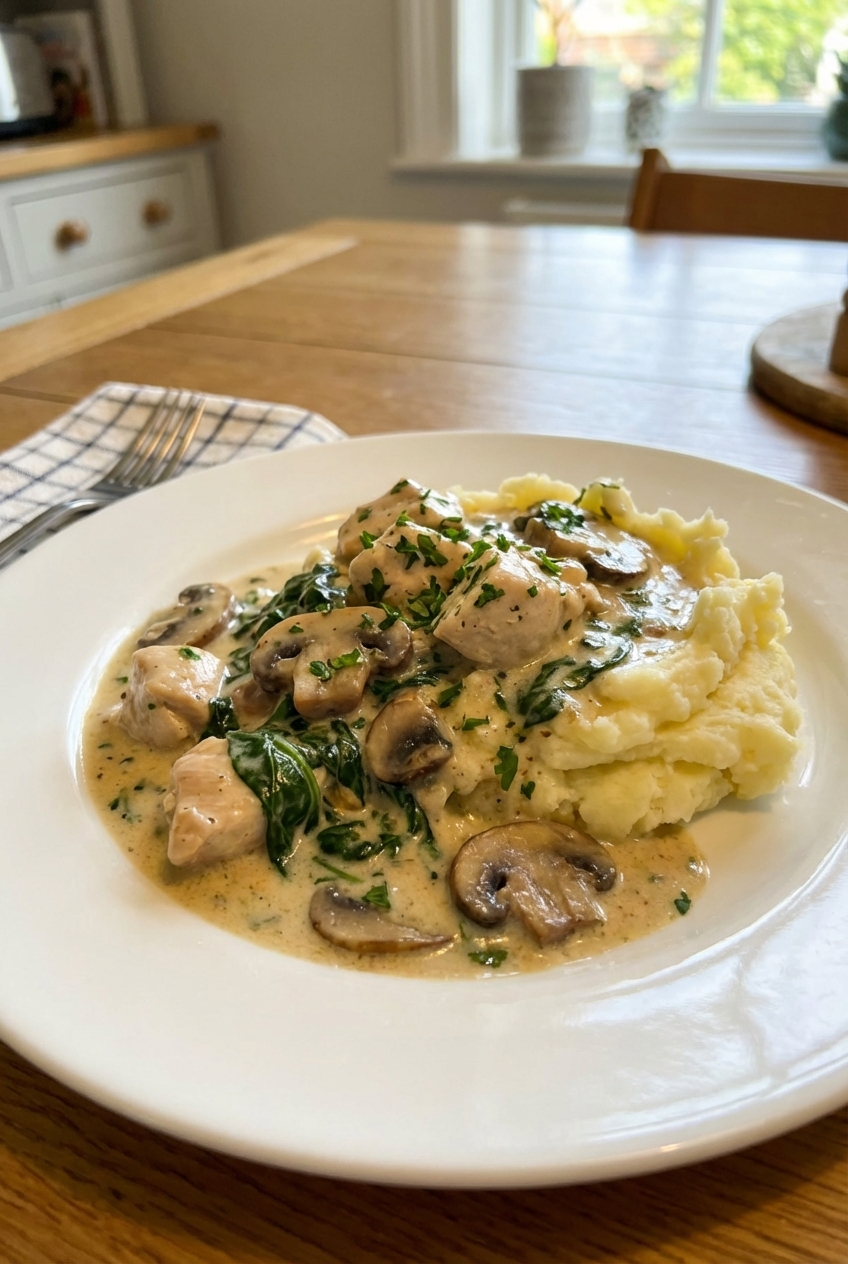 A plated serving of creamy chicken with spinach and mushrooms over mashed potatoes