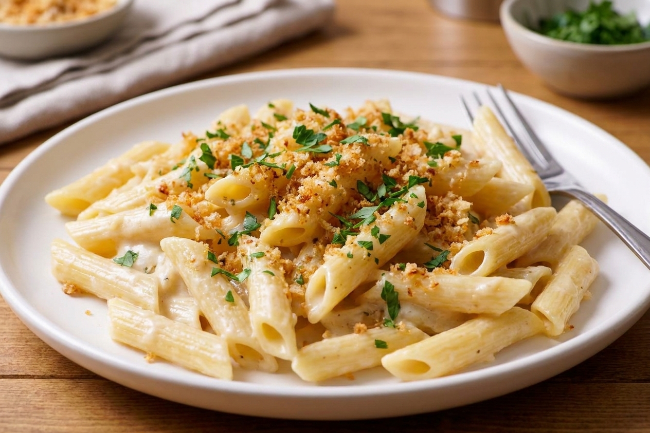 A plated serving of creamy garlic Parmesan penne topped with toasted breadcrumbs and chopped parsley on a kitchen table