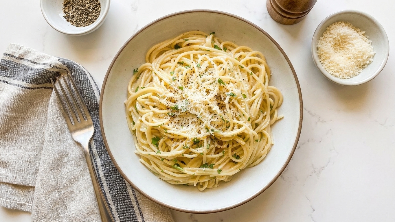 A plated serving of creamy garlic butter pasta with grated Parmesan and cracked black pepper on a simple dinner table setting