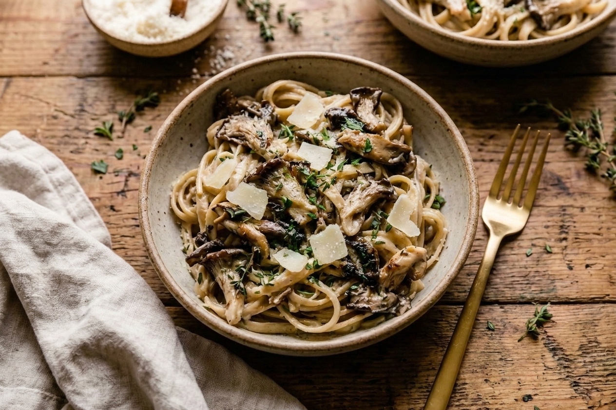 A plated serving of creamy garlic mushroom pasta with Parmesan shavings and chopped parsley in a shallow bowl on a simple dinner table