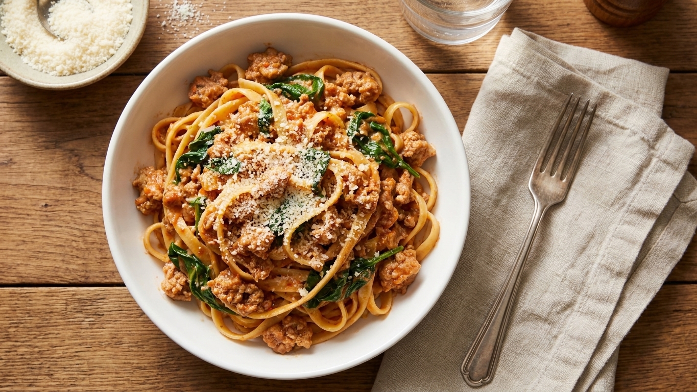 A plated serving of creamy ground turkey pasta with spinach and grated Parmesan, on a dinner table with a simple linen napkin