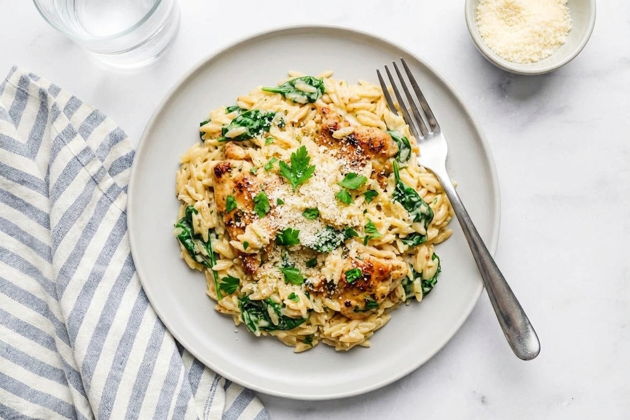 A plated serving of creamy lemon chicken orzo with spinach and Parmesan, set at a simple dinner table with a fork and linen napkin
