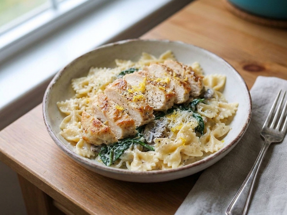 A plated serving of creamy lemon garlic chicken pasta with spinach, topped with sliced chicken and grated parmesan on a simple dinner table setting