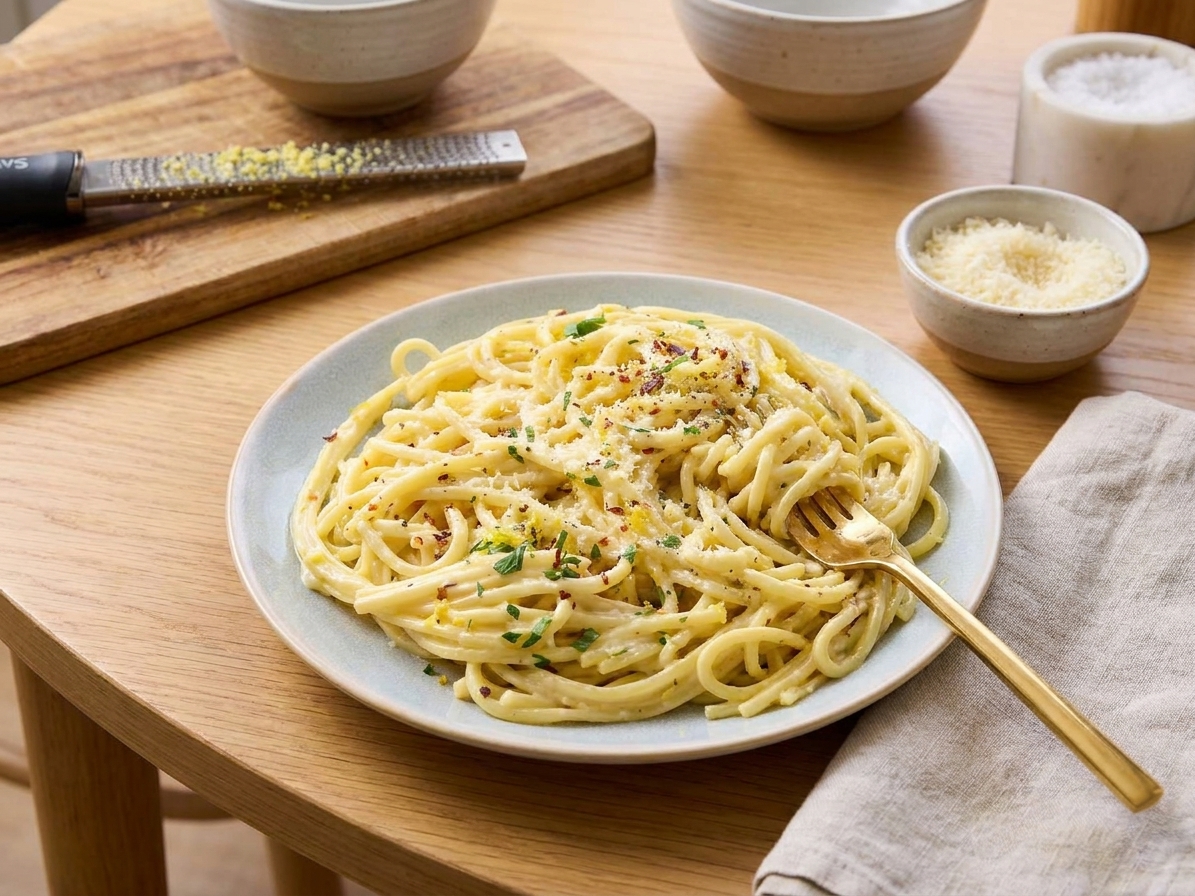A plated serving of creamy lemon garlic pasta with grated Parmesan and parsley on a simple dinner table setting