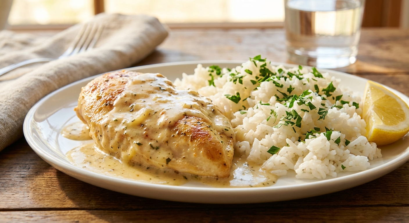 A plated serving of creamy lemon herb chicken and rice with chopped parsley on top