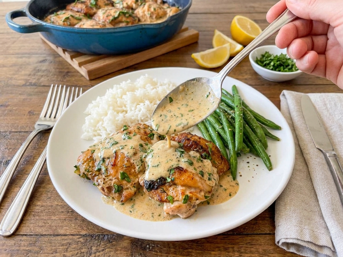 A plated serving of creamy lemon herb chicken with sauce spooned over the top, served with rice and green beans on a simple dinner table setting