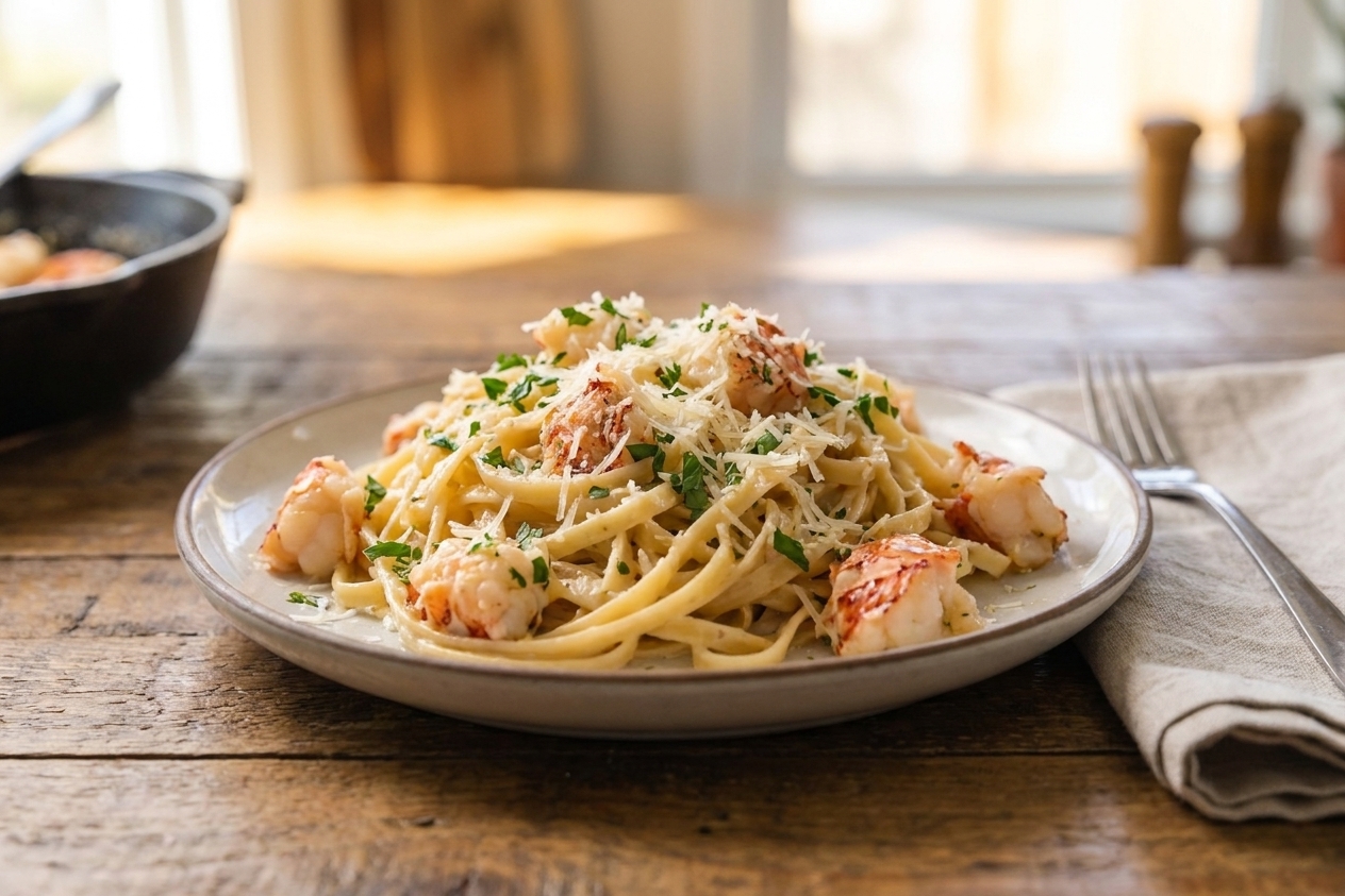 A plated serving of creamy lobster pasta topped with grated Parmesan and chopped parsley, set on a warm wooden table with a fork and a folded napkin