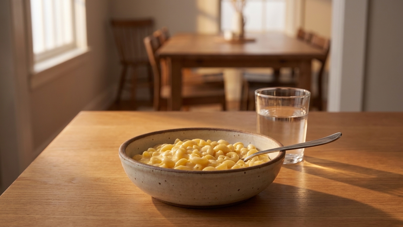 A plated serving of creamy mac and cheese on a simple dinner table with a fork and glass of water in warm evening light
