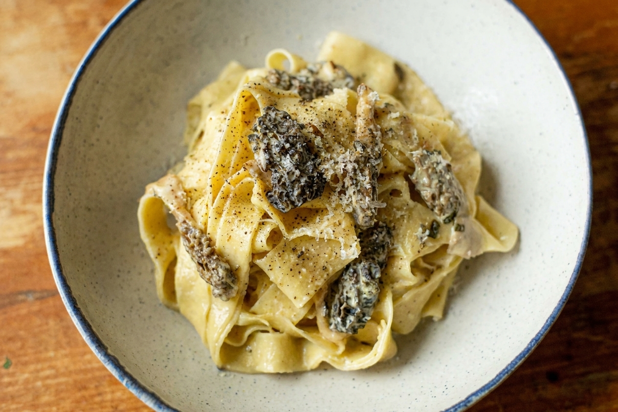 A plated serving of creamy morel mushroom pasta topped with grated Parmesan and cracked black pepper on a simple ceramic plate