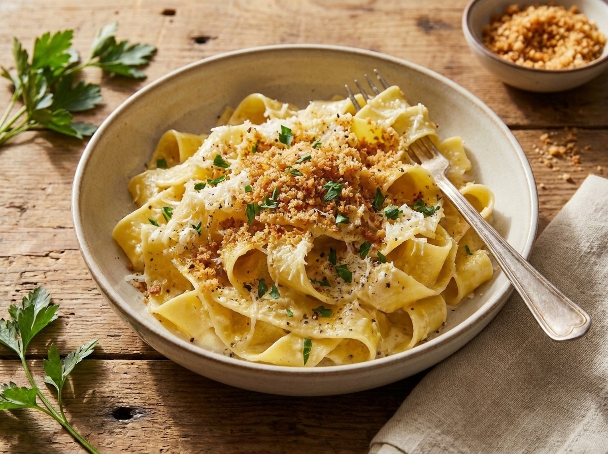 A plated serving of creamy pappardelle with toasted breadcrumbs and parsley on a simple table setting with a fork and folded napkin