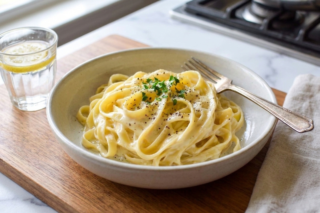 A plated serving of creamy pasta on a ceramic plate with a fork resting on the side and a small glass of water on the table