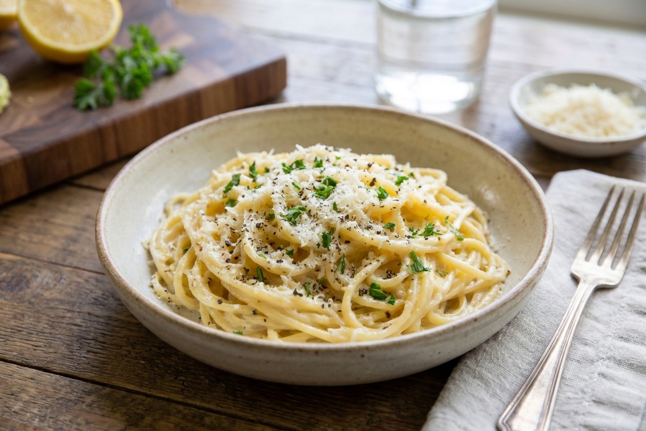 A plated serving of creamy pasta topped with Parmesan, parsley, and black pepper on a simple dinner table setting