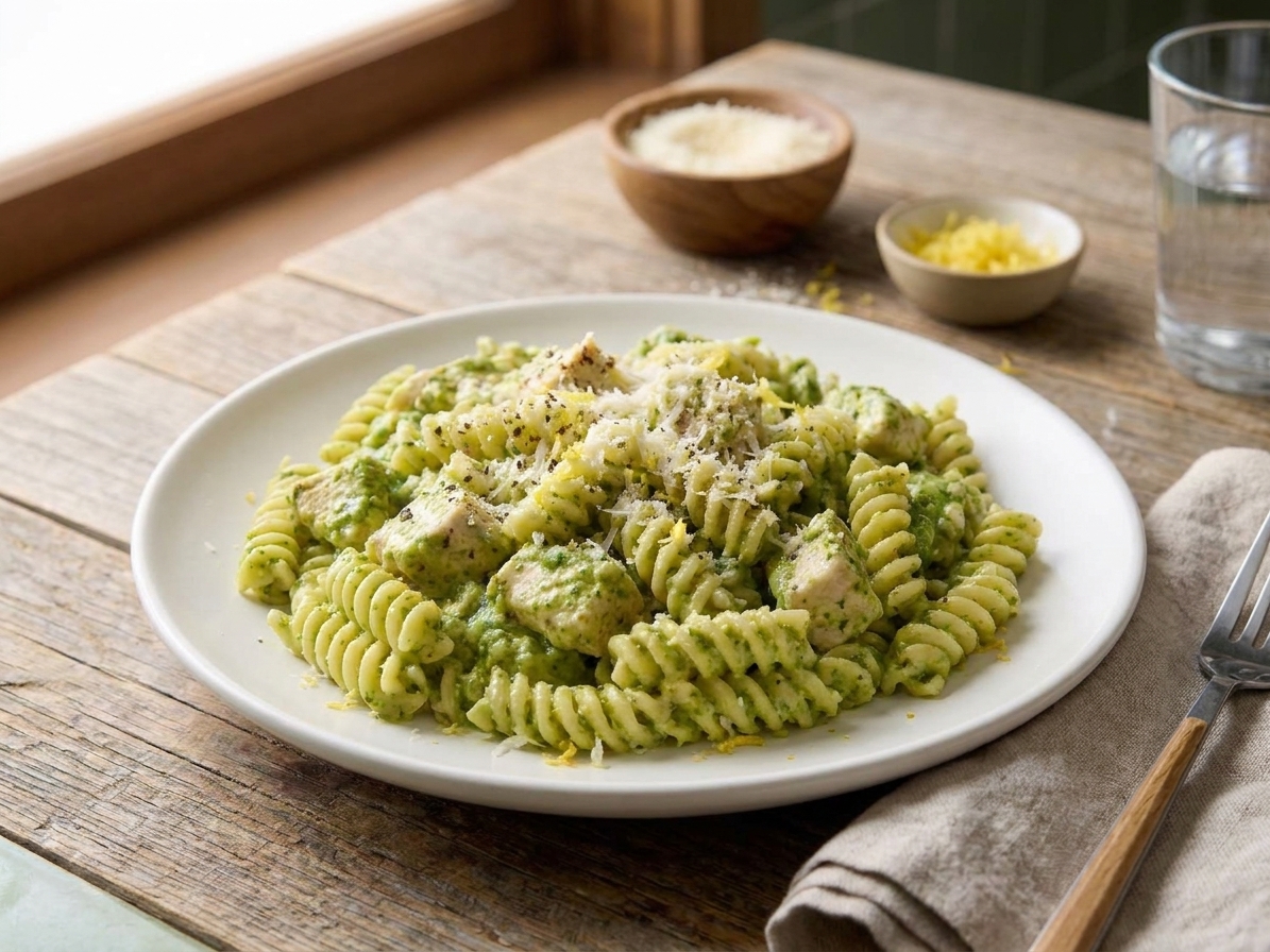 A plated serving of creamy pesto chicken rotini with a sprinkle of Parmesan and lemon zest on top on a simple white plate