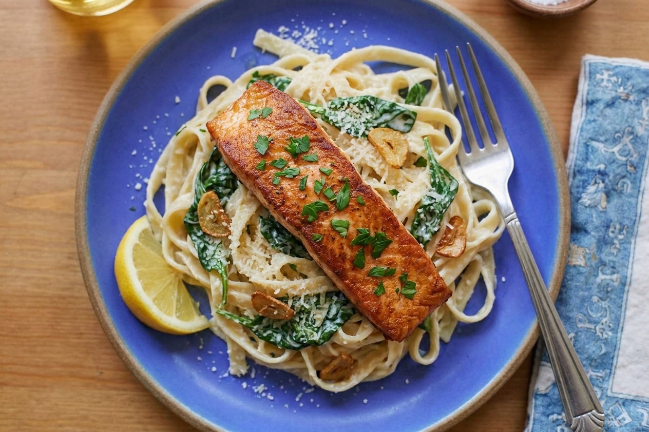 A plated serving of creamy salmon pasta with spinach and Parmesan on a simple dinner table setting with a fork and lemon wedge