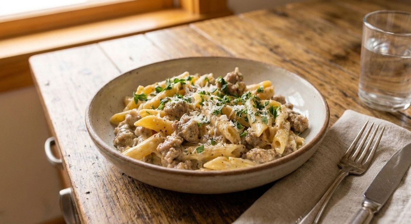 A plated serving of creamy sausage pasta in a shallow bowl topped with Parmesan and parsley on a wooden dining table with a simple place setting