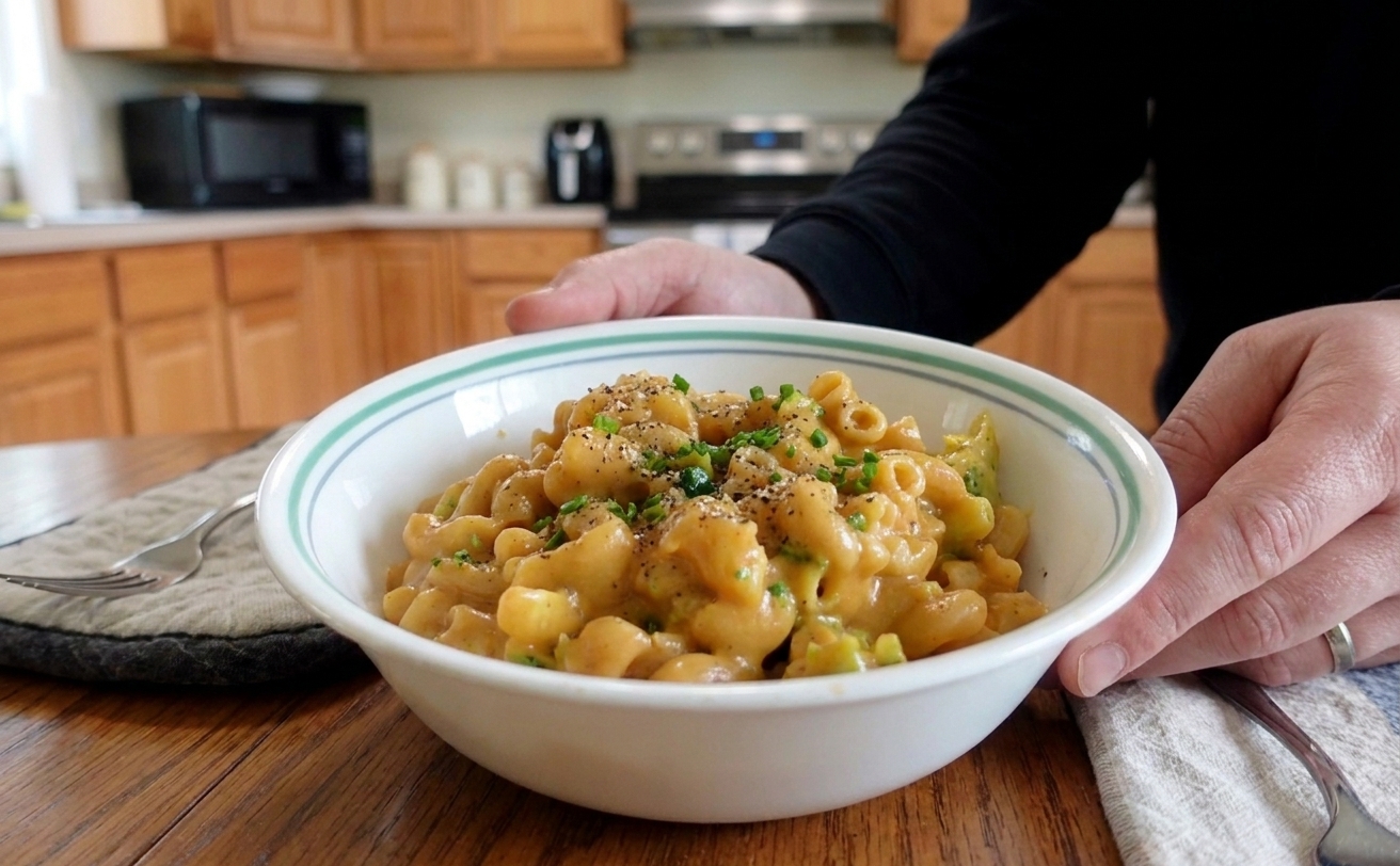 A plated serving of creamy vegan mac and cheese with cracked black pepper and chopped chives on a ceramic plate at a dinner table
