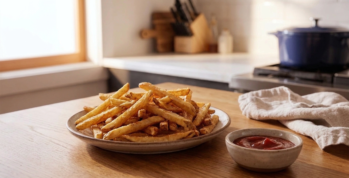 A plated serving of crispy French fries with a small bowl of ketchup on a simple wooden table setting
