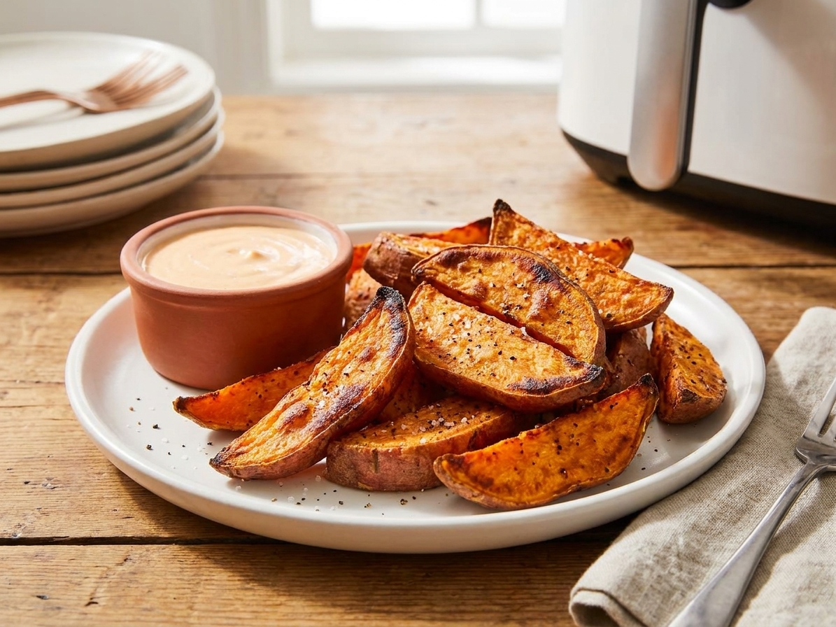 A plated serving of crispy air fryer sweet potato wedges with caramelized edges on a white plate, with a small ramekin of dipping sauce on a wooden table in warm kitchen light