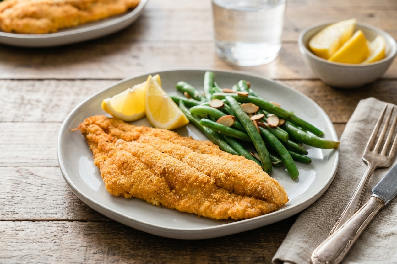 A plated serving of crispy baked catfish with lemon wedges and a simple green side on a dinner table with soft natural light